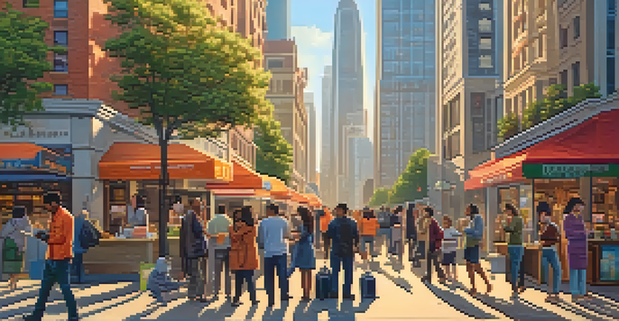 A lively city street filled with diverse people using smartphones for Bitcoin transactions, with a mix of modern buildings and traditional shops in the background.