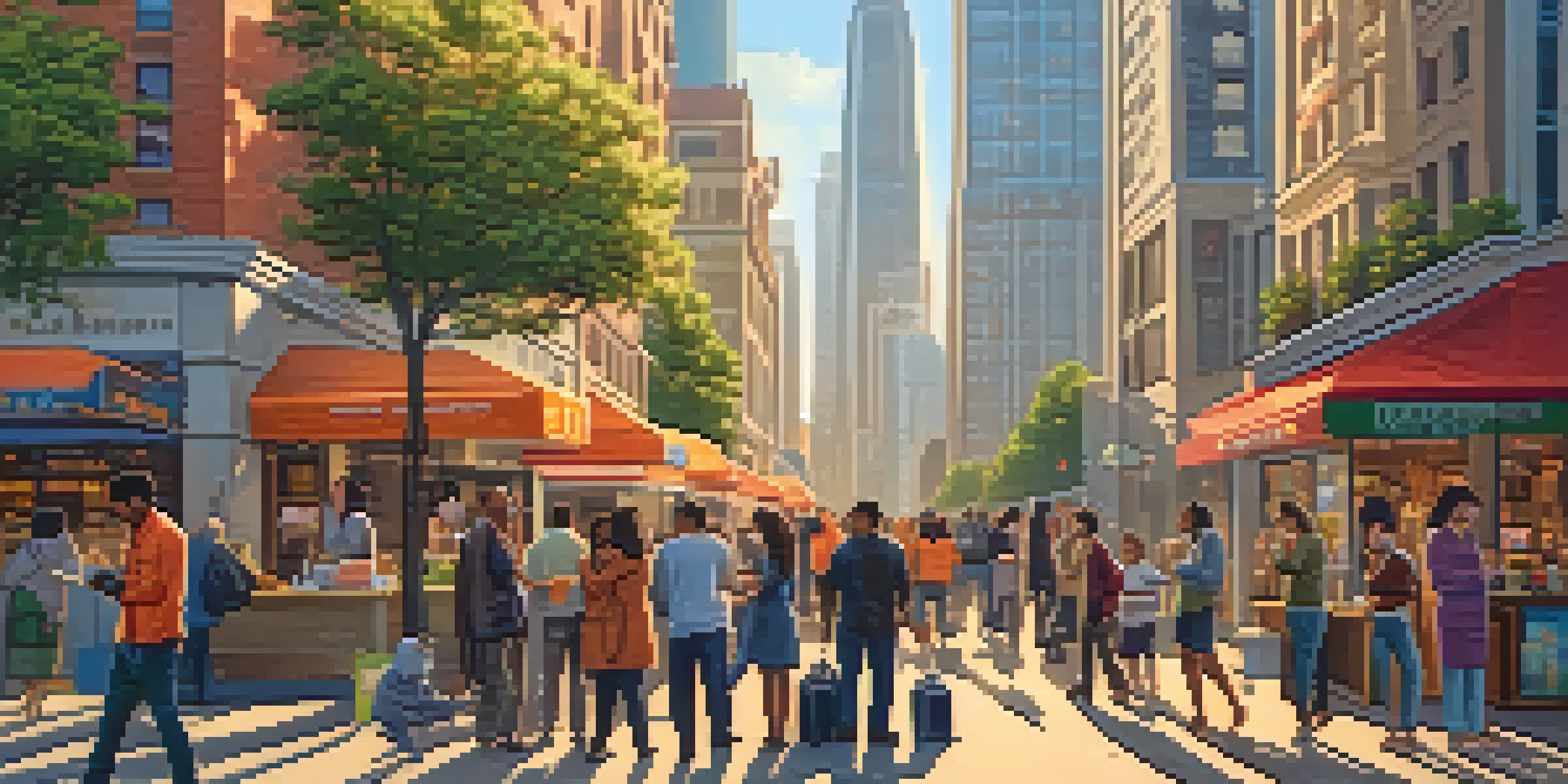 A lively city street filled with diverse people using smartphones for Bitcoin transactions, with a mix of modern buildings and traditional shops in the background.