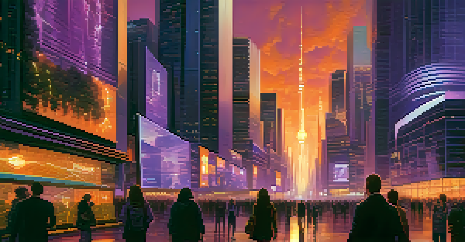A futuristic cityscape at dusk with digital billboards promoting Bitcoin, reflecting a blend of traditional and modern finance.