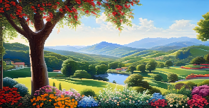 A peaceful landscape showing trees and hills representing different investment assets, with a clear blue sky and warm sunlight.
