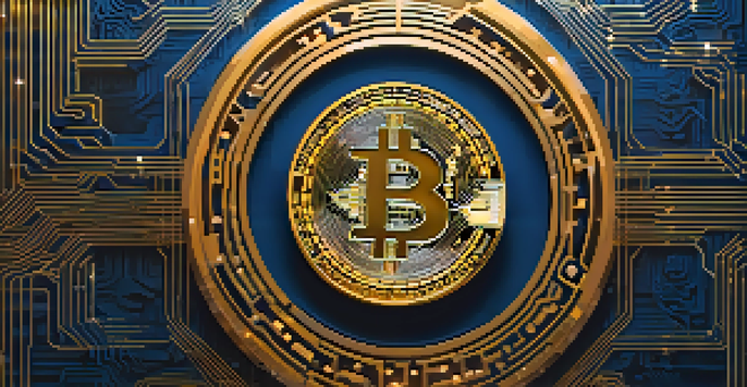 A digital illustration of a Bitcoin transaction with a central glowing Bitcoin symbol, surrounded by cryptographic patterns and digital locks, in dark blue and gold colors.