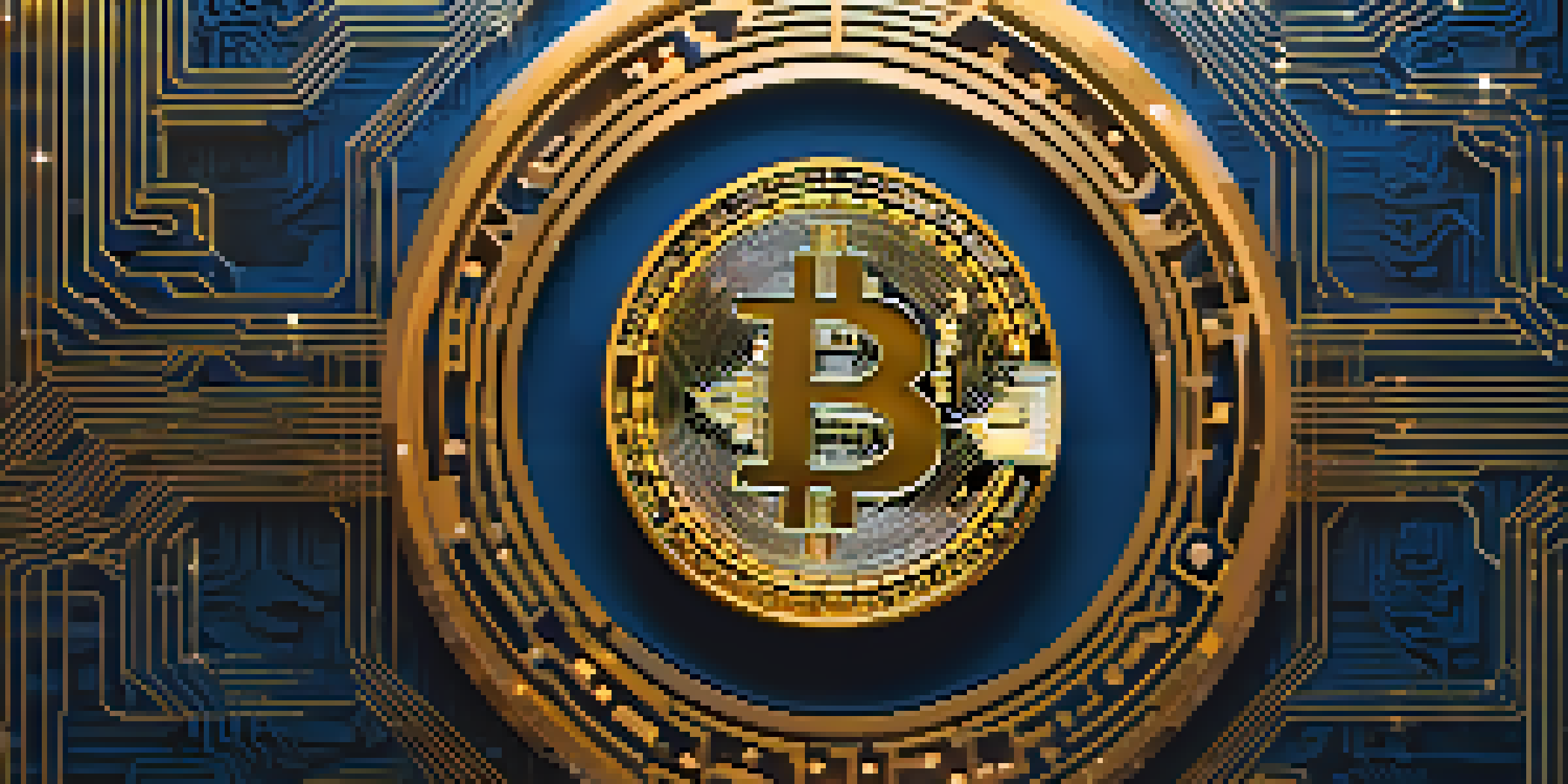 A digital illustration of a Bitcoin transaction with a central glowing Bitcoin symbol, surrounded by cryptographic patterns and digital locks, in dark blue and gold colors.