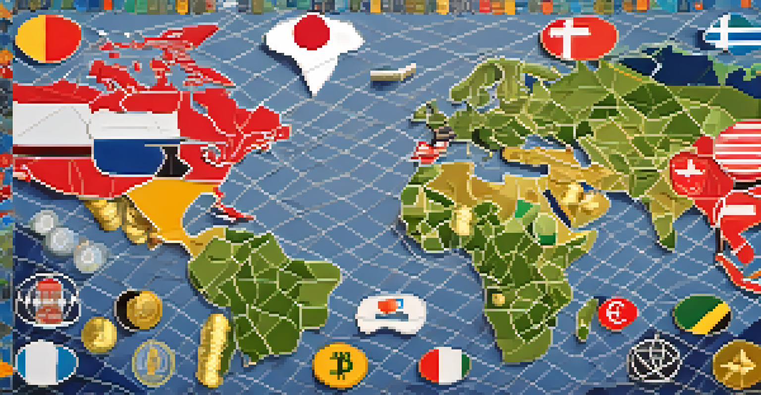 A patchwork quilt representing different countries' cryptocurrency regulations, with a world map background.