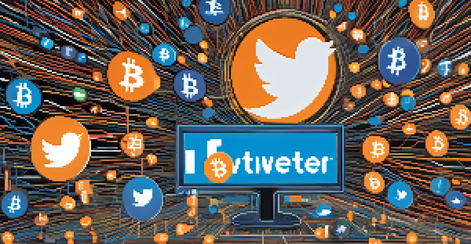 An illustration of social media platforms buzzing with Bitcoin discussions and price fluctuations.