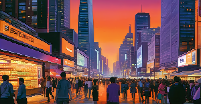 A city street at dusk with illuminated skyscrapers and a digital billboard showing Bitcoin's price, featuring diverse pedestrians.