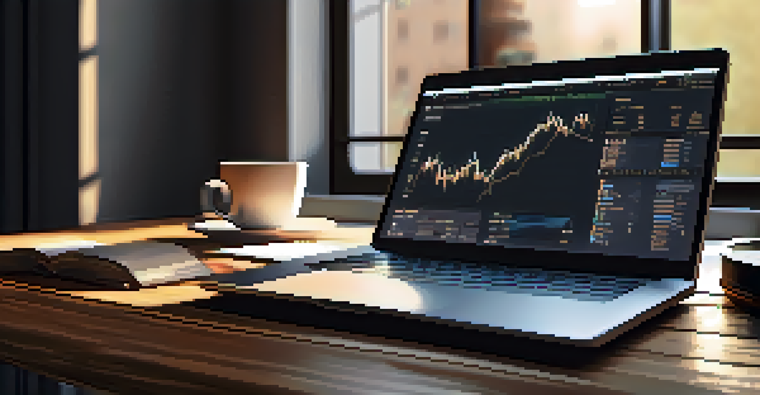 A modern workspace with a laptop showing cryptocurrency charts, notepads, and a coffee cup, illuminated by warm morning light.