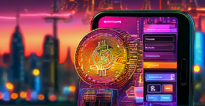 A smartphone displaying a futuristic mobile payment app interface with Bitcoin transactions, set against a vibrant cityscape.