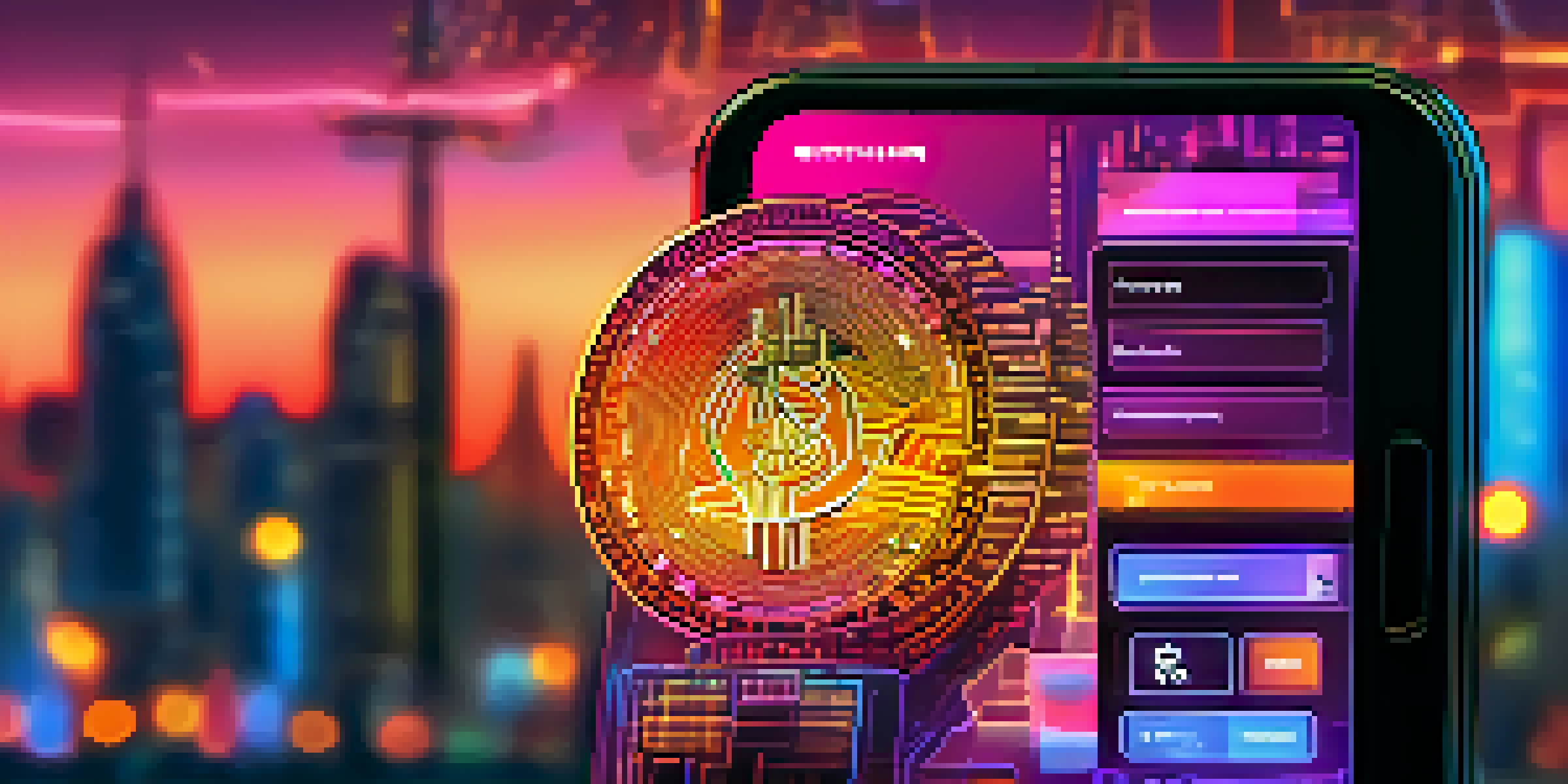 A smartphone displaying a futuristic mobile payment app interface with Bitcoin transactions, set against a vibrant cityscape.