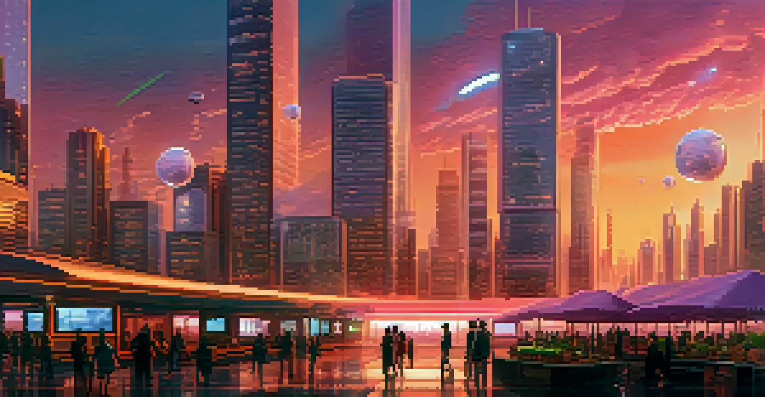 A futuristic city skyline at sunset with buildings displaying Bitcoin symbols and people using digital devices.