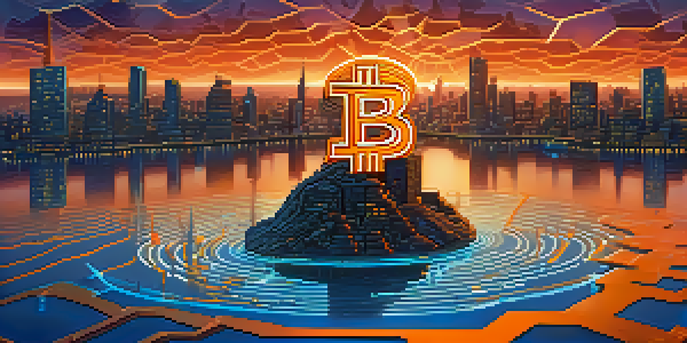 A digital landscape with a golden Bitcoin symbol over a city skyline at dusk, featuring a gradient sky and flowing binary code.