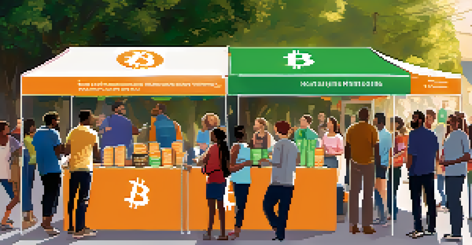 A charity event with people engaging at a booth promoting Bitcoin donations, colorful banners and tablets present.