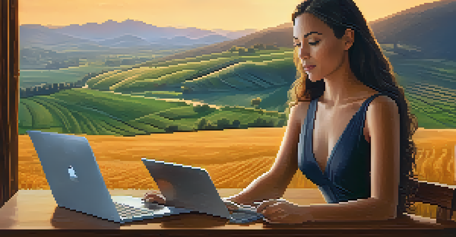 A determined woman in a rural area using a laptop to manage her Bitcoin wallet, with beautiful fields in the background.