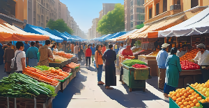 A lively street market filled with various vendors and customers, showcasing a mix of traditional and modern elements in an emerging economy.