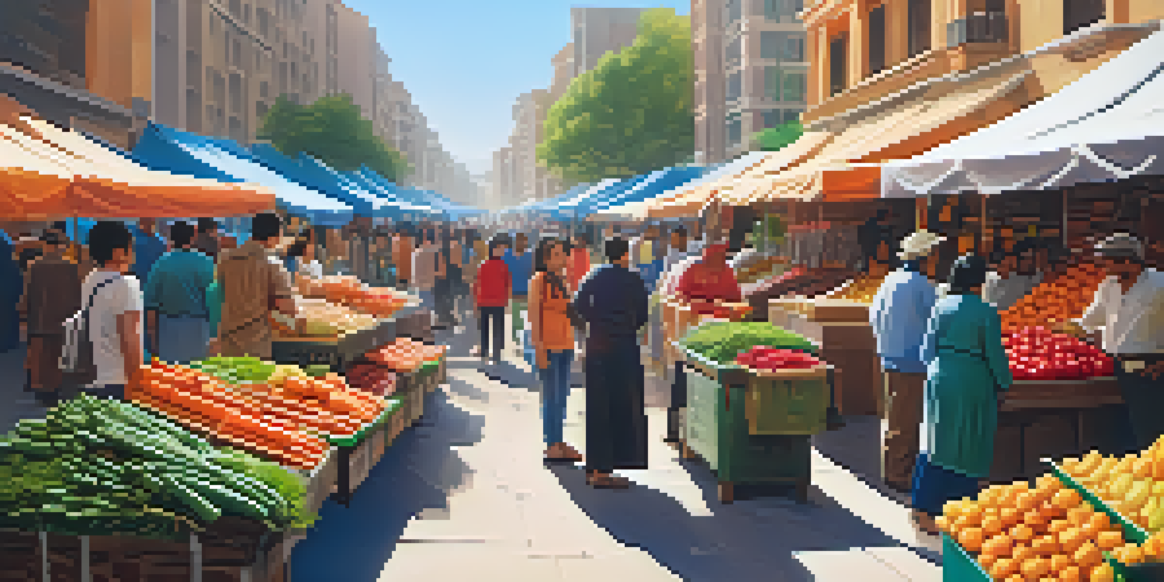 A lively street market filled with various vendors and customers, showcasing a mix of traditional and modern elements in an emerging economy.