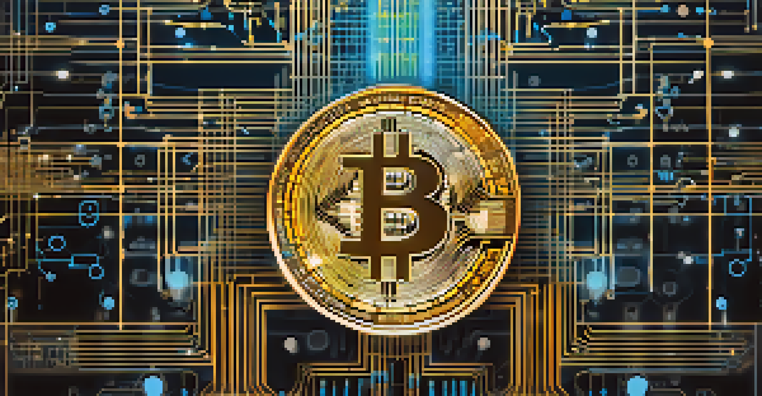 An abstract representation of AI and blockchain technology merging, with a glowing Bitcoin symbol and neural network.