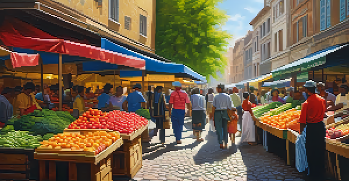 A bustling marketplace in an emerging economy with colorful stalls, diverse people interacting, and sunlight illuminating the scene.