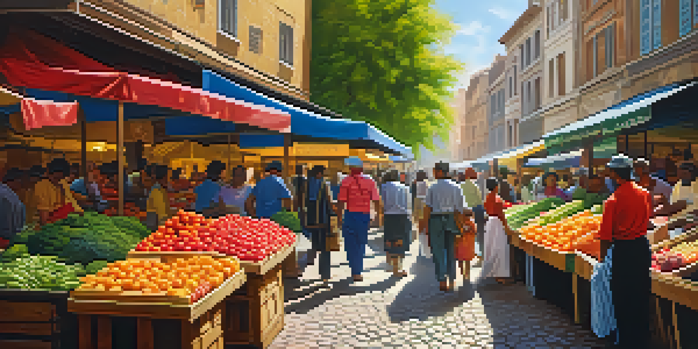 A bustling marketplace in an emerging economy with colorful stalls, diverse people interacting, and sunlight illuminating the scene.