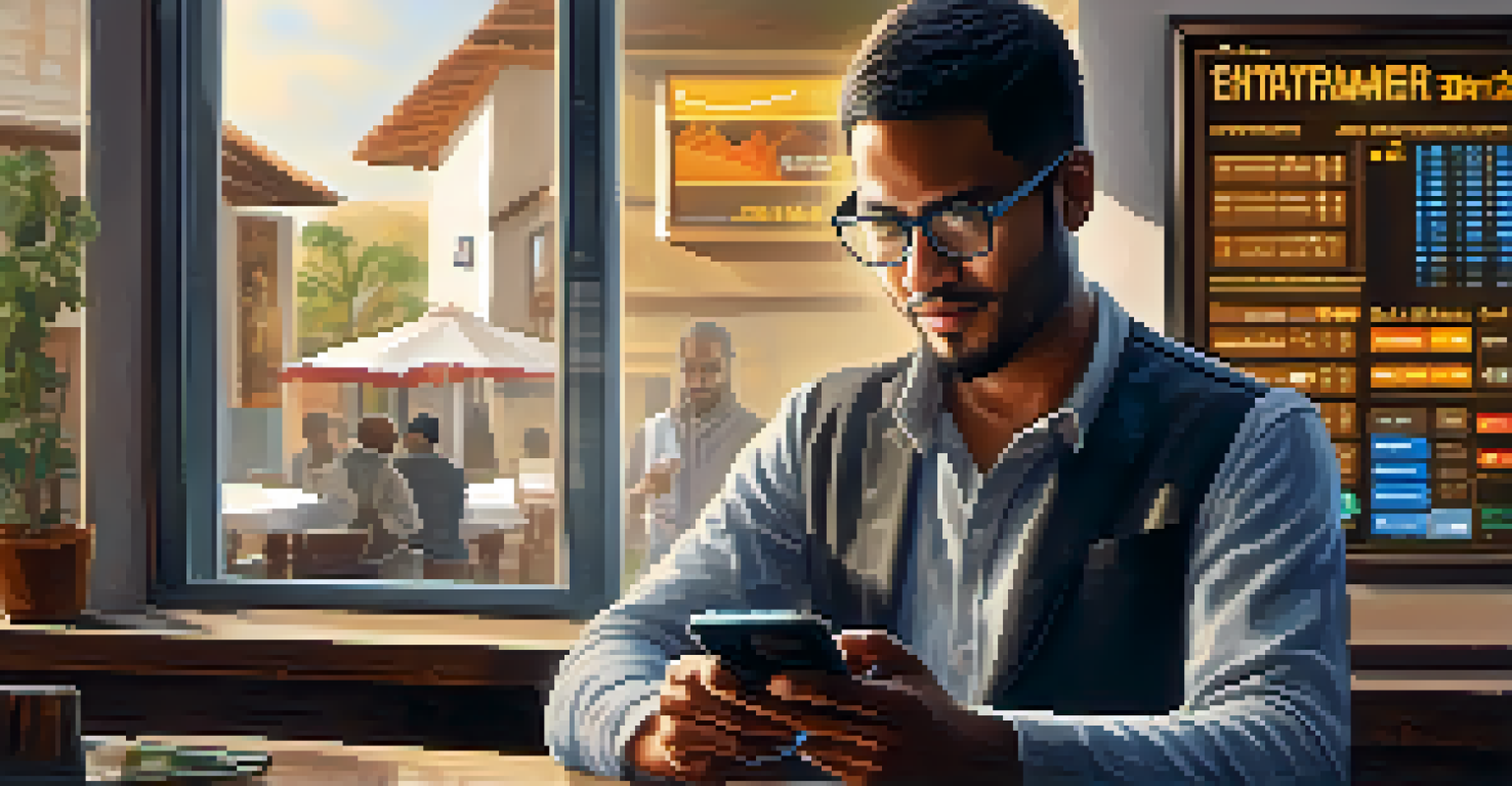 An entrepreneur using a smartphone to conduct a Bitcoin transaction, showcasing determination in a small business environment.
