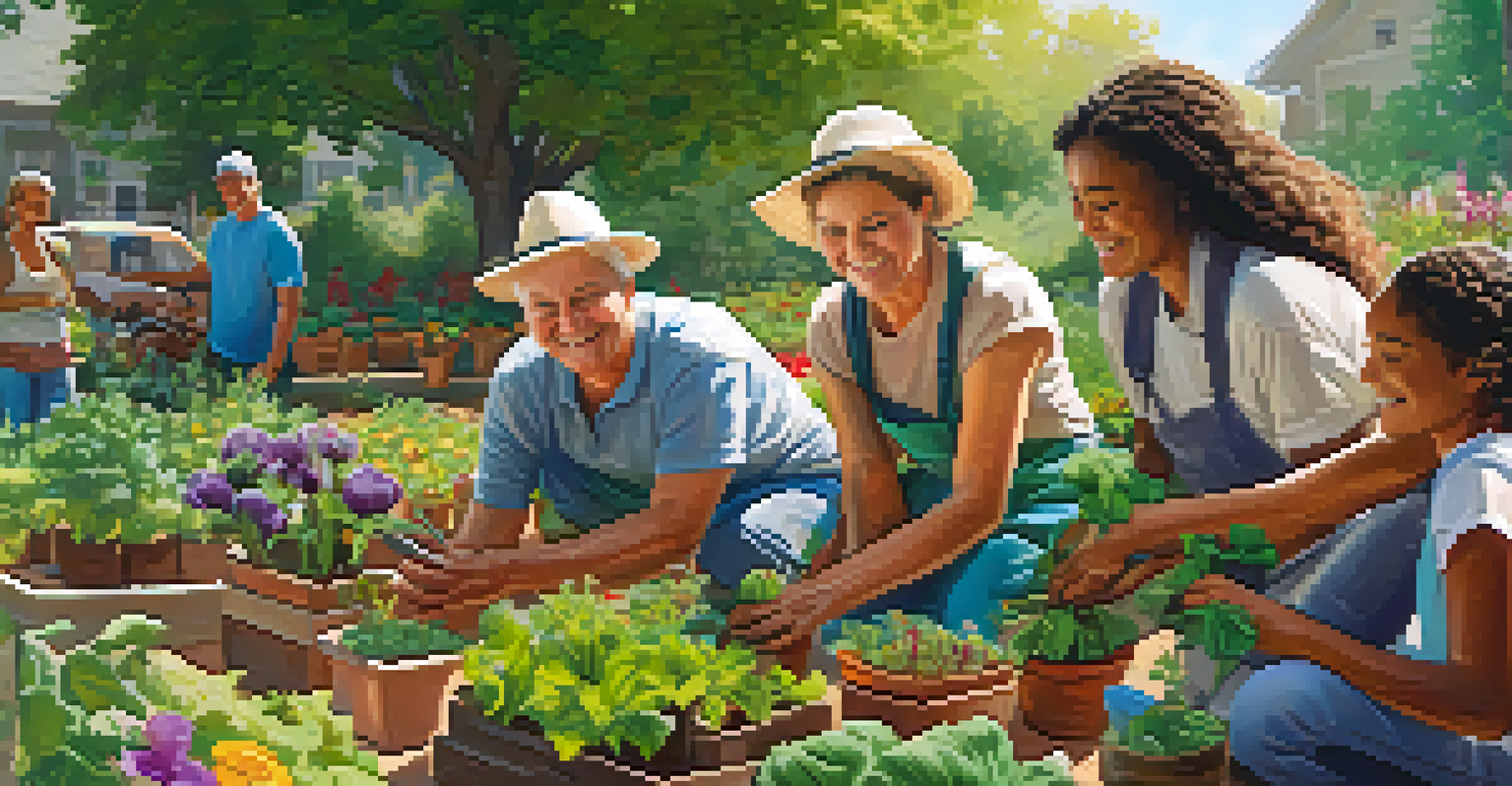 A community garden scene with people planting vegetables and flowers, showcasing cooperation and a vibrant natural environment.