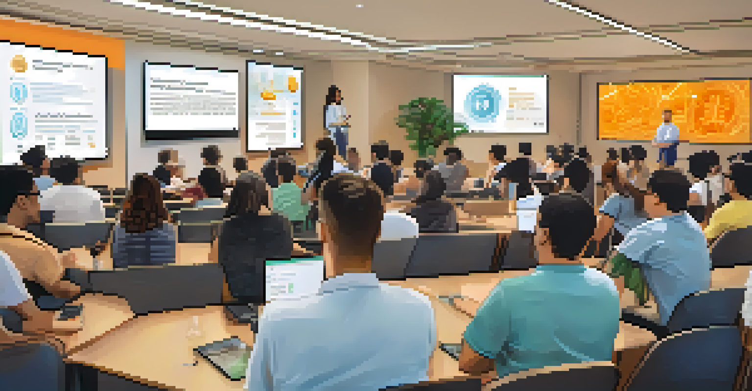 A workshop environment with people learning about Bitcoin transactions, featuring a presentation screen with infographics and various educational materials.