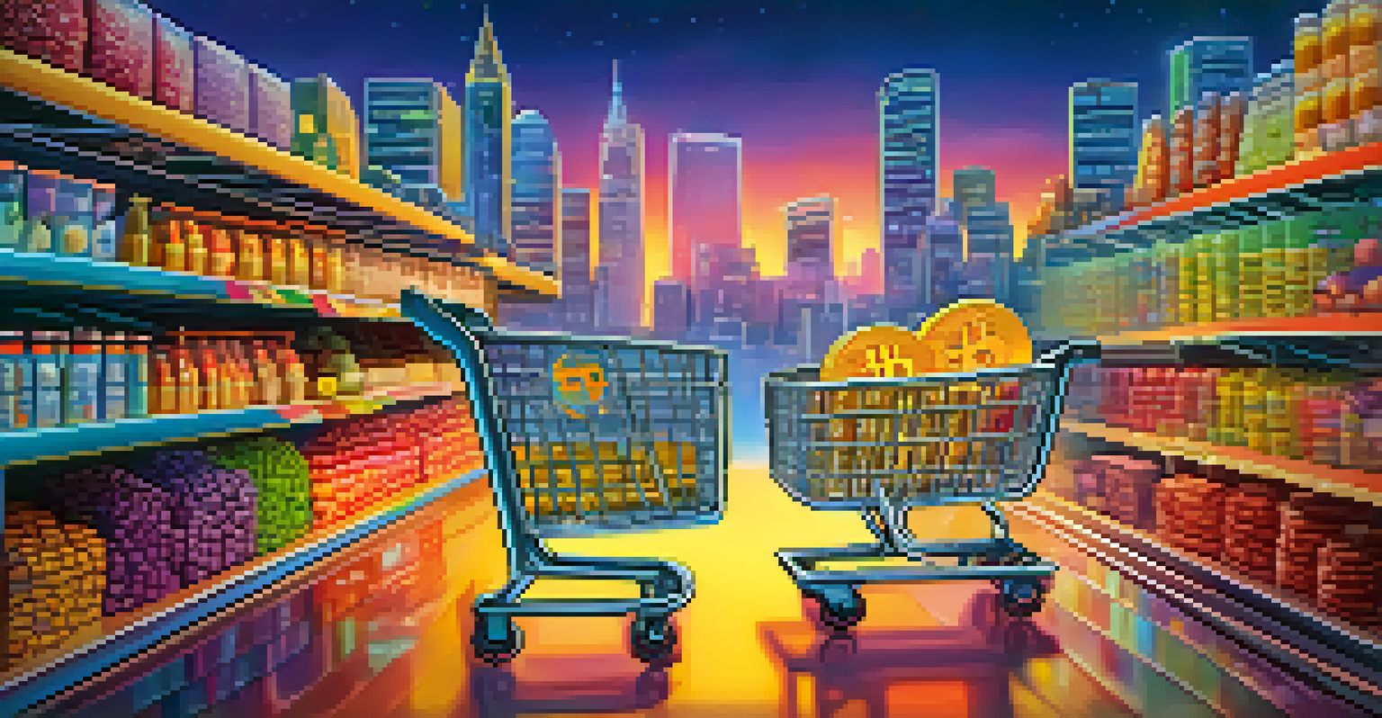 A shopping cart full of products with floating Bitcoin symbols, set against a futuristic city skyline.