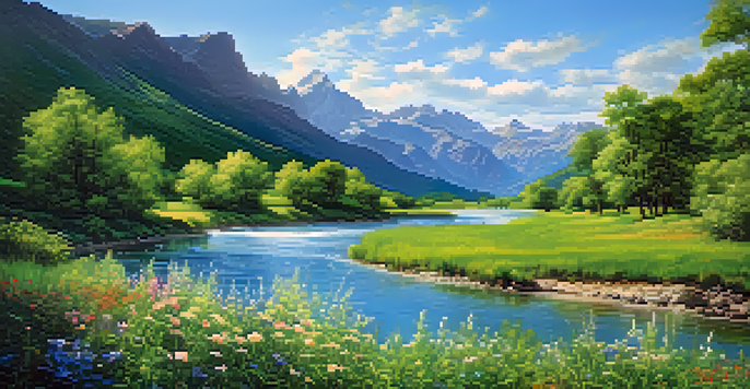A peaceful river winding through a green valley surrounded by tall mountains, with colorful wildflowers lining the banks under a clear sky.