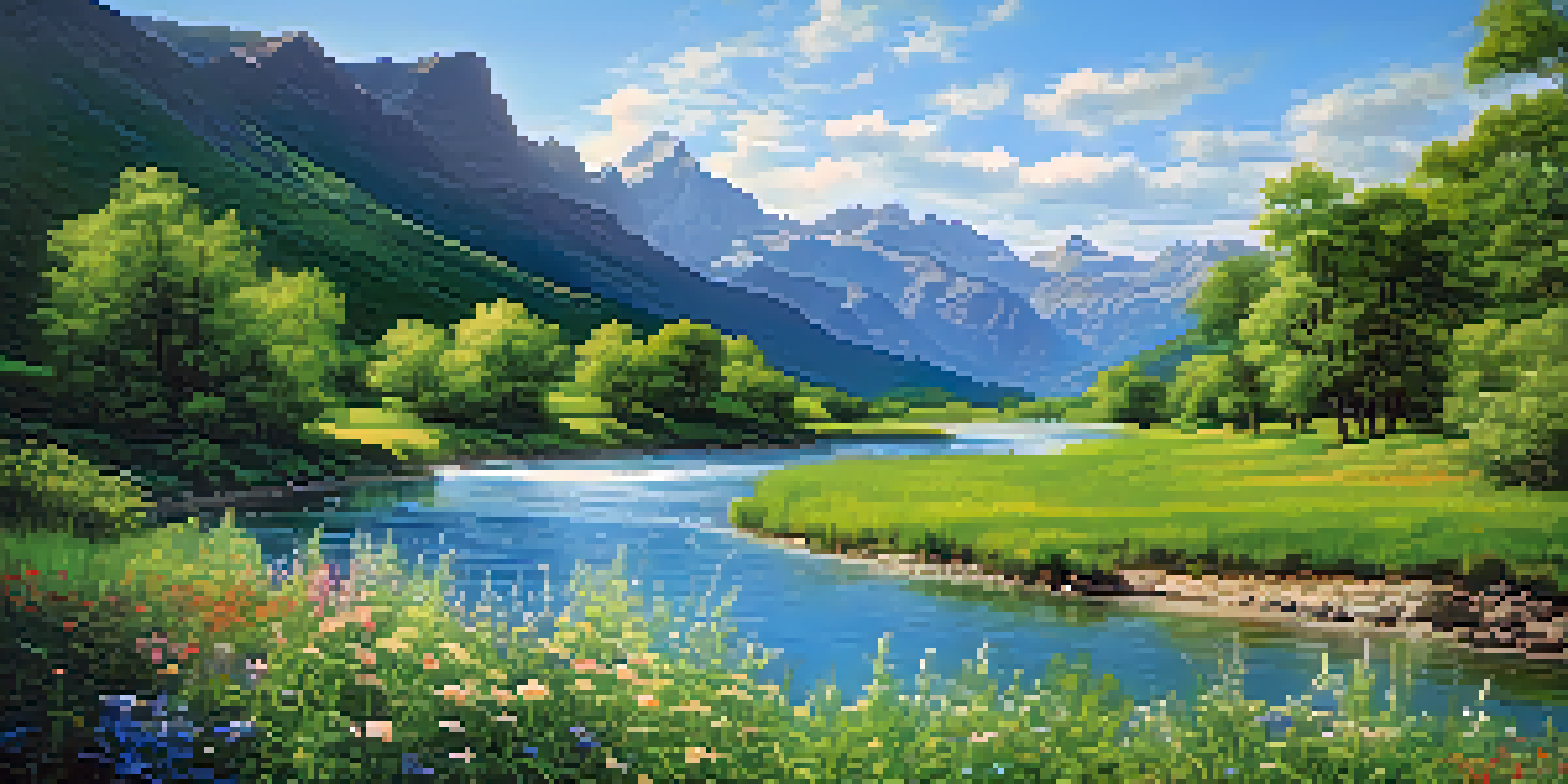 A peaceful river winding through a green valley surrounded by tall mountains, with colorful wildflowers lining the banks under a clear sky.