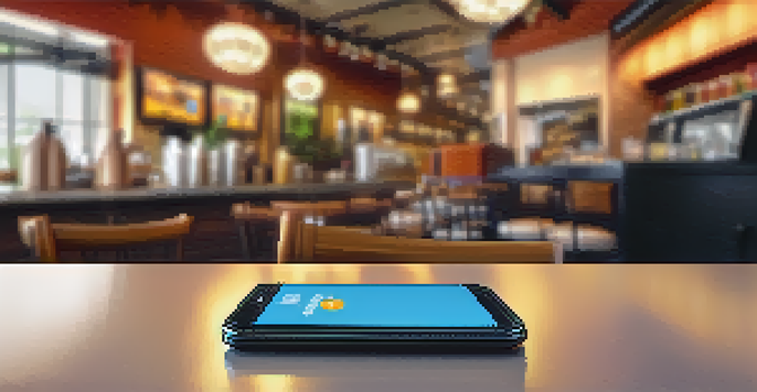 A close-up of a smartphone with a mobile payment app showing a Bitcoin transaction in a cozy cafe environment.