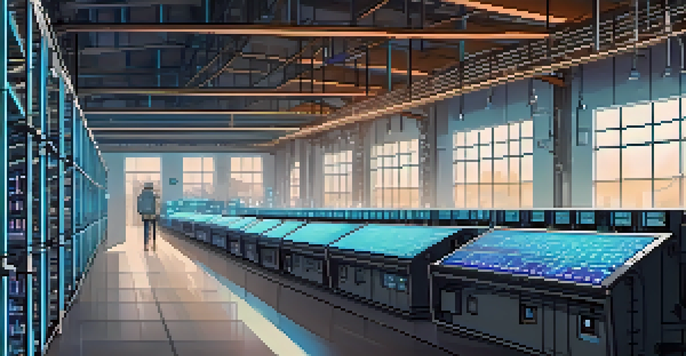 A wide view of a Bitcoin mining farm filled with advanced mining rigs, illuminated by ambient light, with natural light coming through large windows.