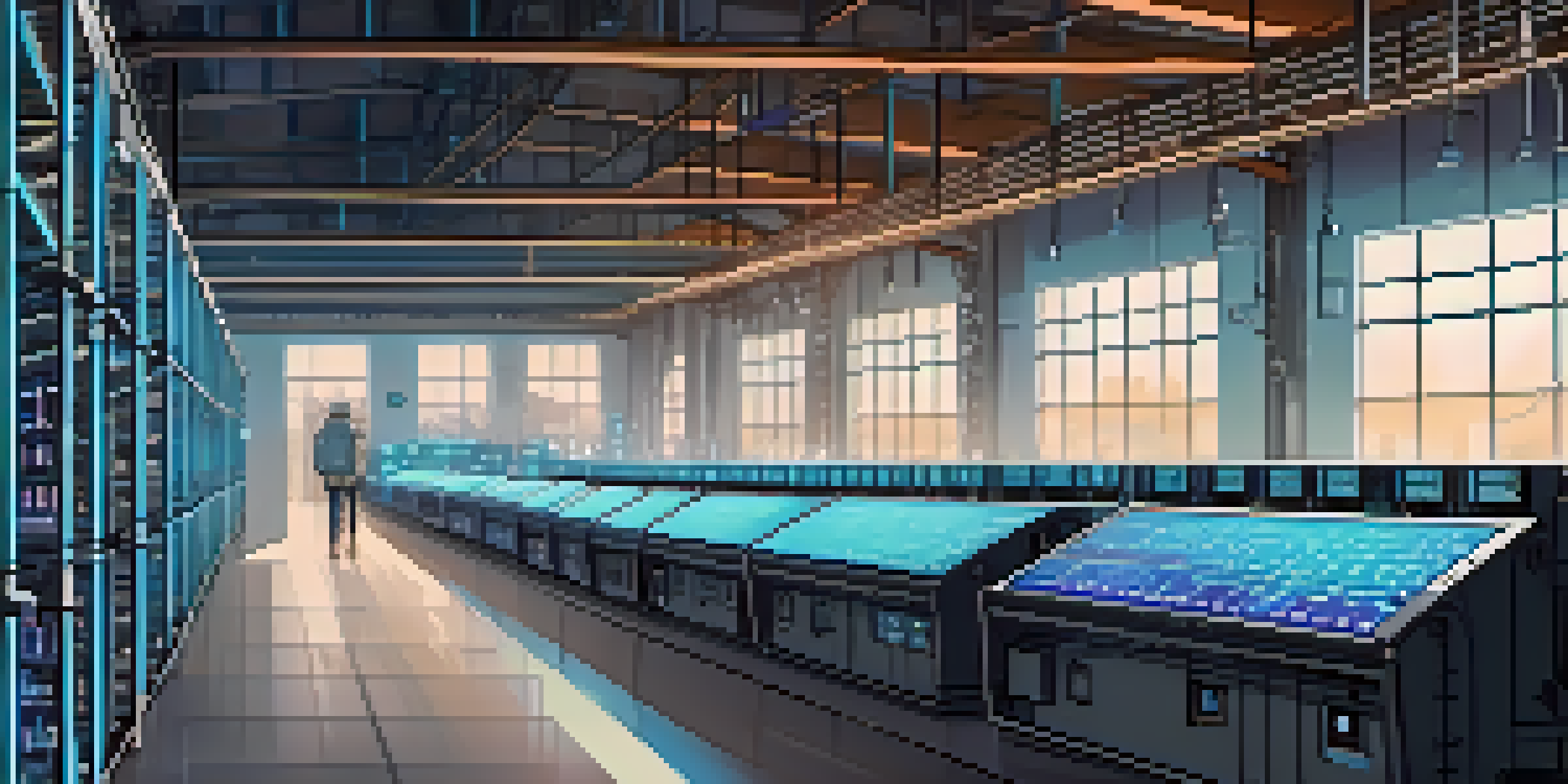 A wide view of a Bitcoin mining farm filled with advanced mining rigs, illuminated by ambient light, with natural light coming through large windows.