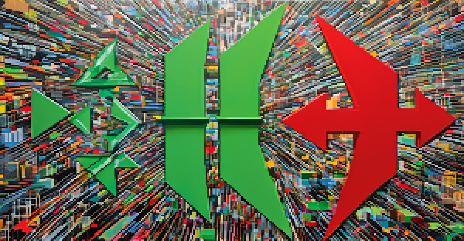 An abstract image showing two halves of market sentiment: green arrows for greed and red arrows for fear, with digital elements.