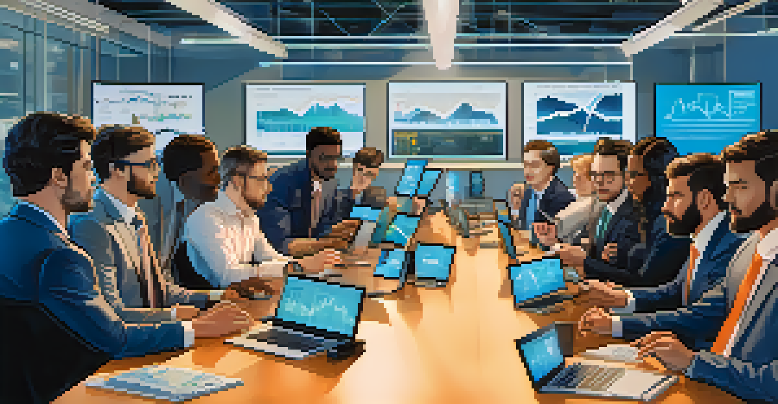 A group of diverse investors discussing cryptocurrency trends in a modern office with digital screens showing market data.