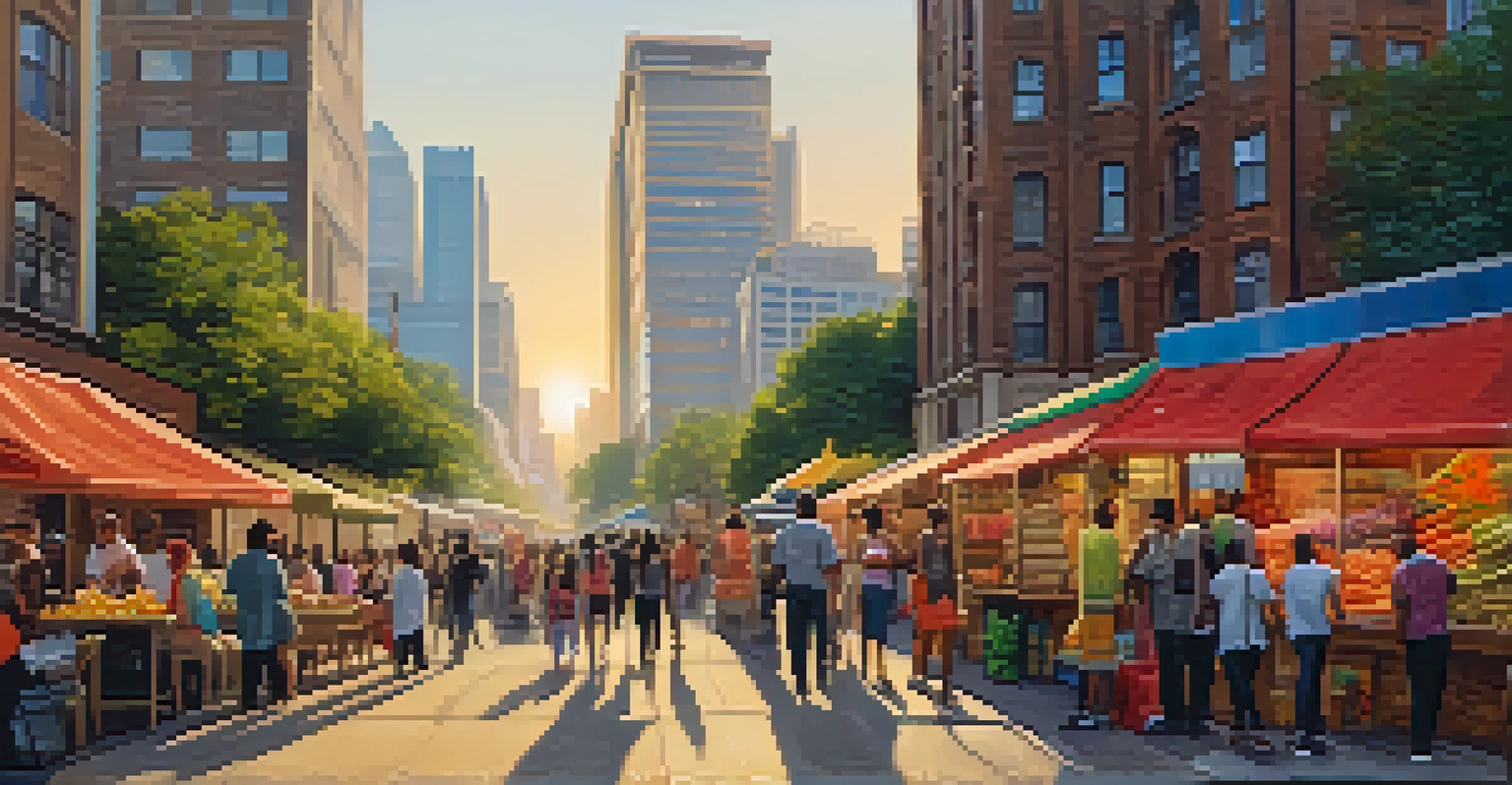 A lively city street bustling with people, street vendors, and modern skyscrapers illuminated by warm golden hour light.