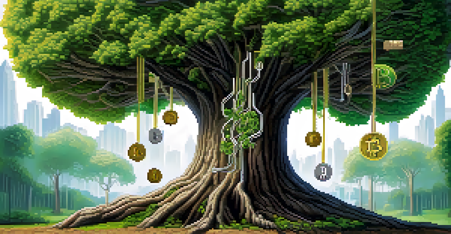 An infographic showing Bitcoin forks as branches of a tree, labeled with their names and features, representing growth and innovation.