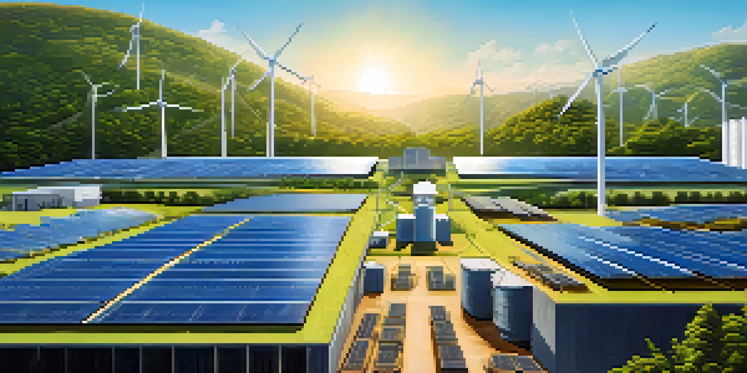 A panoramic view of a Bitcoin mining facility with solar panels and wind turbines, showing miners working inside a modern building surrounded by greenery.