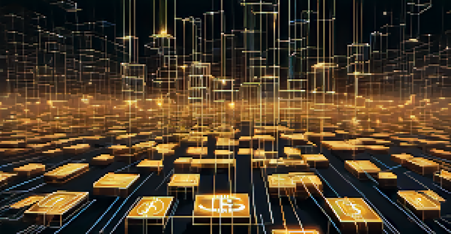 An artistic depiction of blockchain technology with glowing interconnected blocks representing Bitcoin transactions.