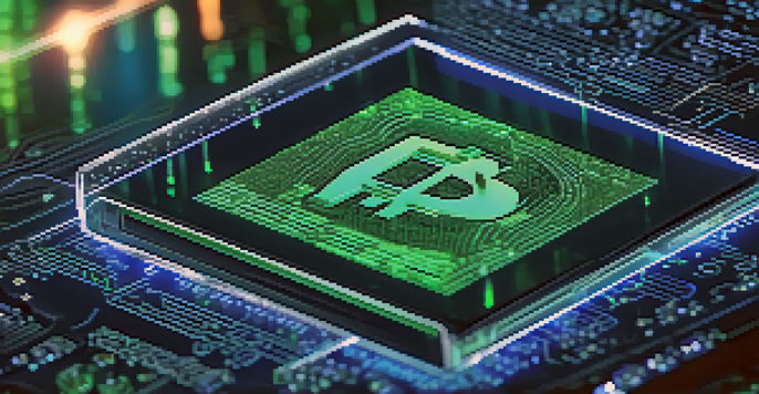 A digital device displaying a close-up view of a transparent blockchain ledger with transaction details, surrounded by blue and green lights.