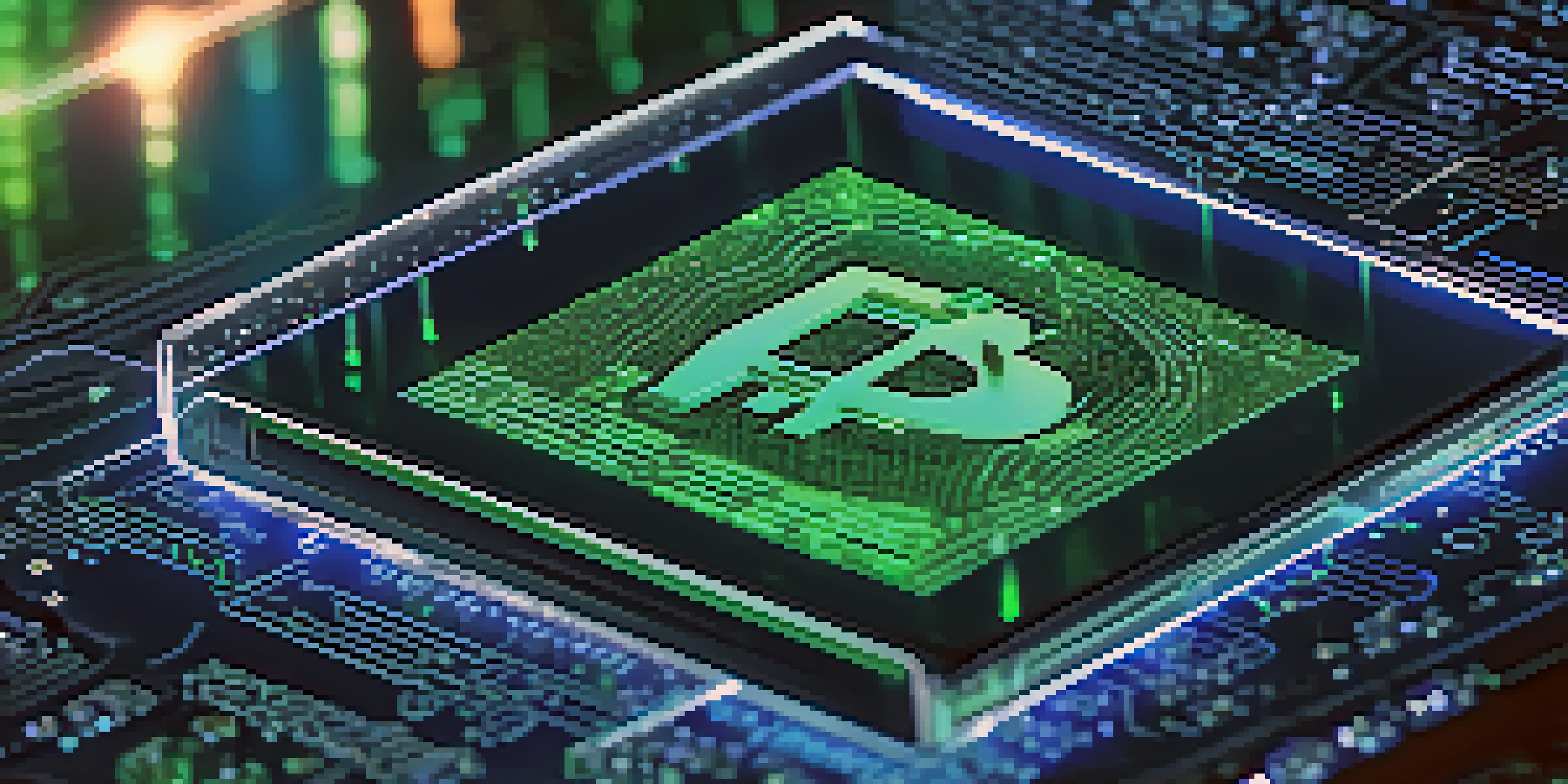 A digital device displaying a close-up view of a transparent blockchain ledger with transaction details, surrounded by blue and green lights.