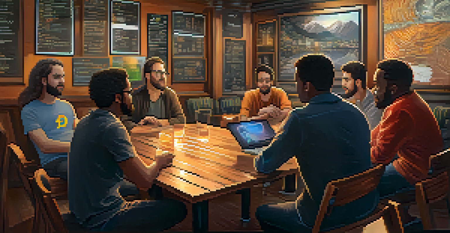 A diverse group of people at a café discussing Bitcoin, showcasing a sense of community and collaboration.