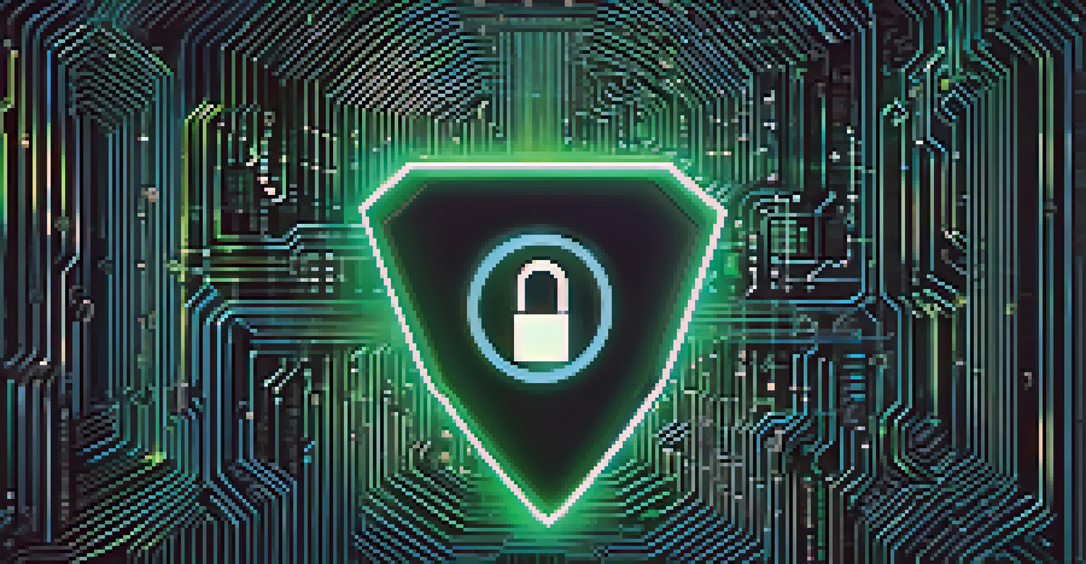 An abstract digital shield symbolizing online security, surrounded by binary code and circuit patterns.