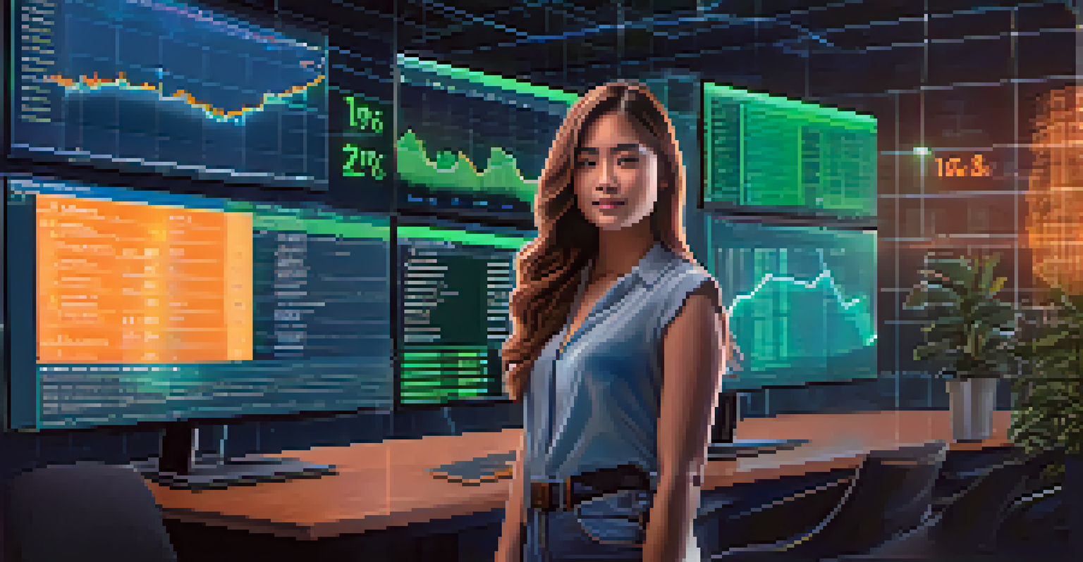 A confident woman in a tech workspace standing in front of a digital screen with Bitcoin statistics and motivational quotes in the background.