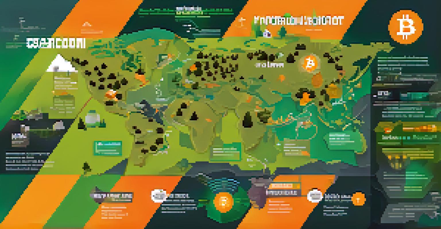 An infographic showing the carbon footprint of Bitcoin mining, with a world map in the background and icons for energy sources and emissions.