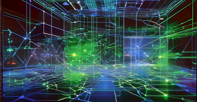 A digital landscape with interconnected nodes representing blockchain technology, featuring glowing data blocks and a secure vault.