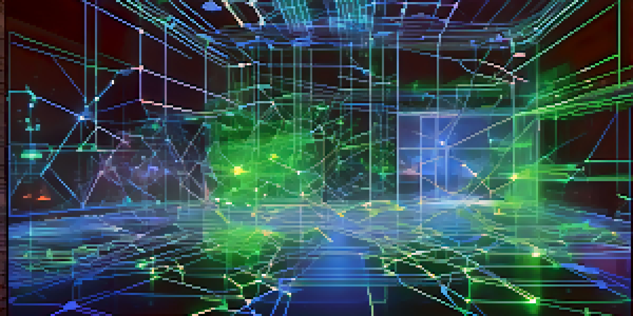 A digital landscape with interconnected nodes representing blockchain technology, featuring glowing data blocks and a secure vault.