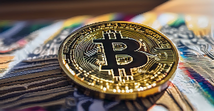 A golden Bitcoin coin on a wooden table with sunlight creating shadows, surrounded by blurred currency notes.