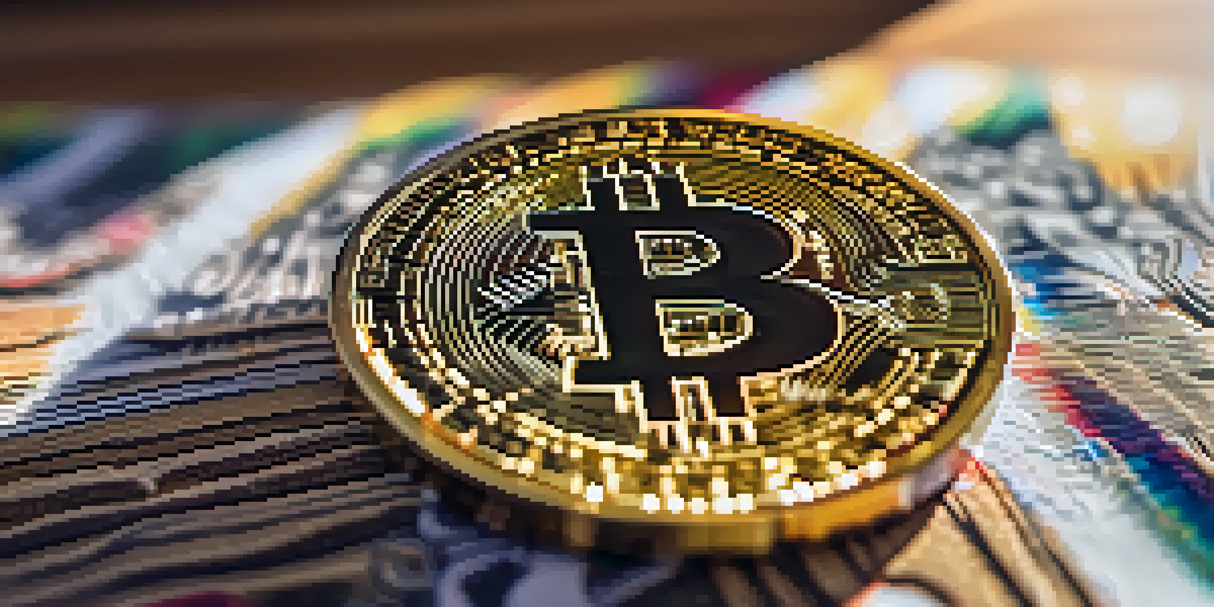 A golden Bitcoin coin on a wooden table with sunlight creating shadows, surrounded by blurred currency notes.