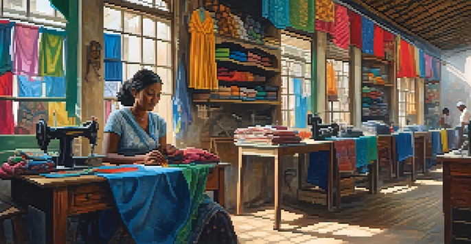 A woman working at a sewing machine in her tailoring shop, surrounded by colorful fabrics and customers, with sunlight streaming in through the window.