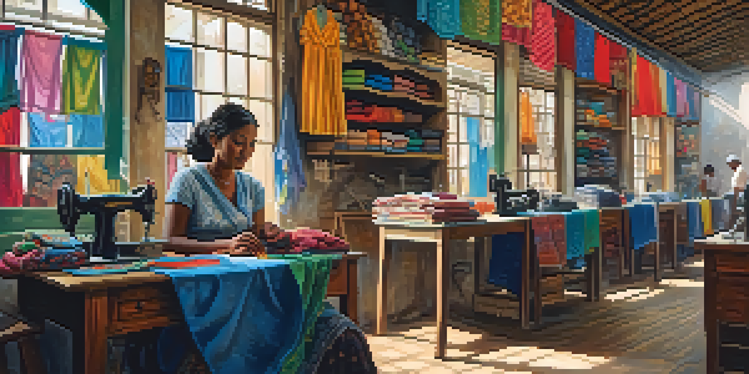 A woman working at a sewing machine in her tailoring shop, surrounded by colorful fabrics and customers, with sunlight streaming in through the window.