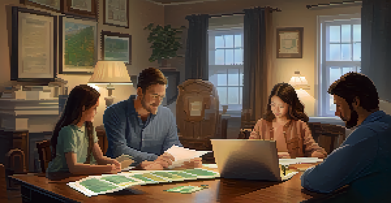 A family discussing estate planning with documents and a laptop showing cryptocurrency charts.