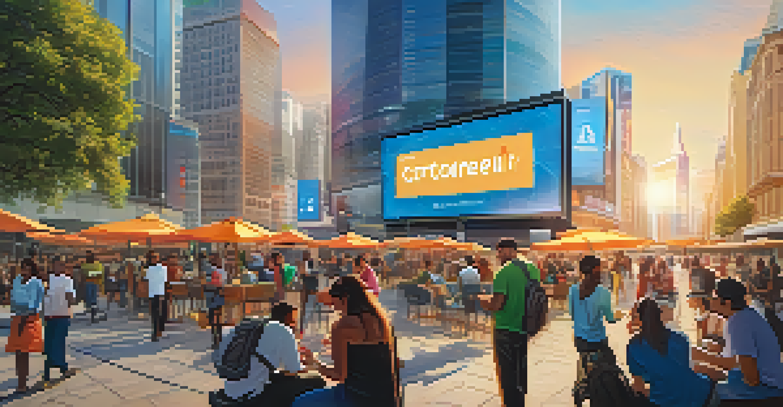 A lively city square with a digital billboard promoting cryptocurrency services, featuring diverse people engaged in conversation and using mobile devices.